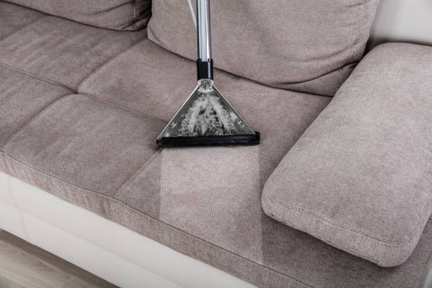 closeup of woman cleaning sofa with vacuum cleaner at home